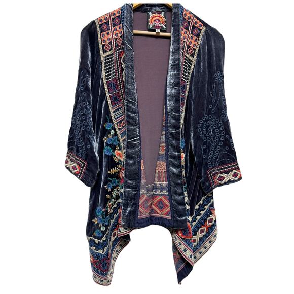 Johnny Was Sweaters - Johnny Was Velour Open Kimono Size XS Floral Embroidery Eyelet Sleeves
